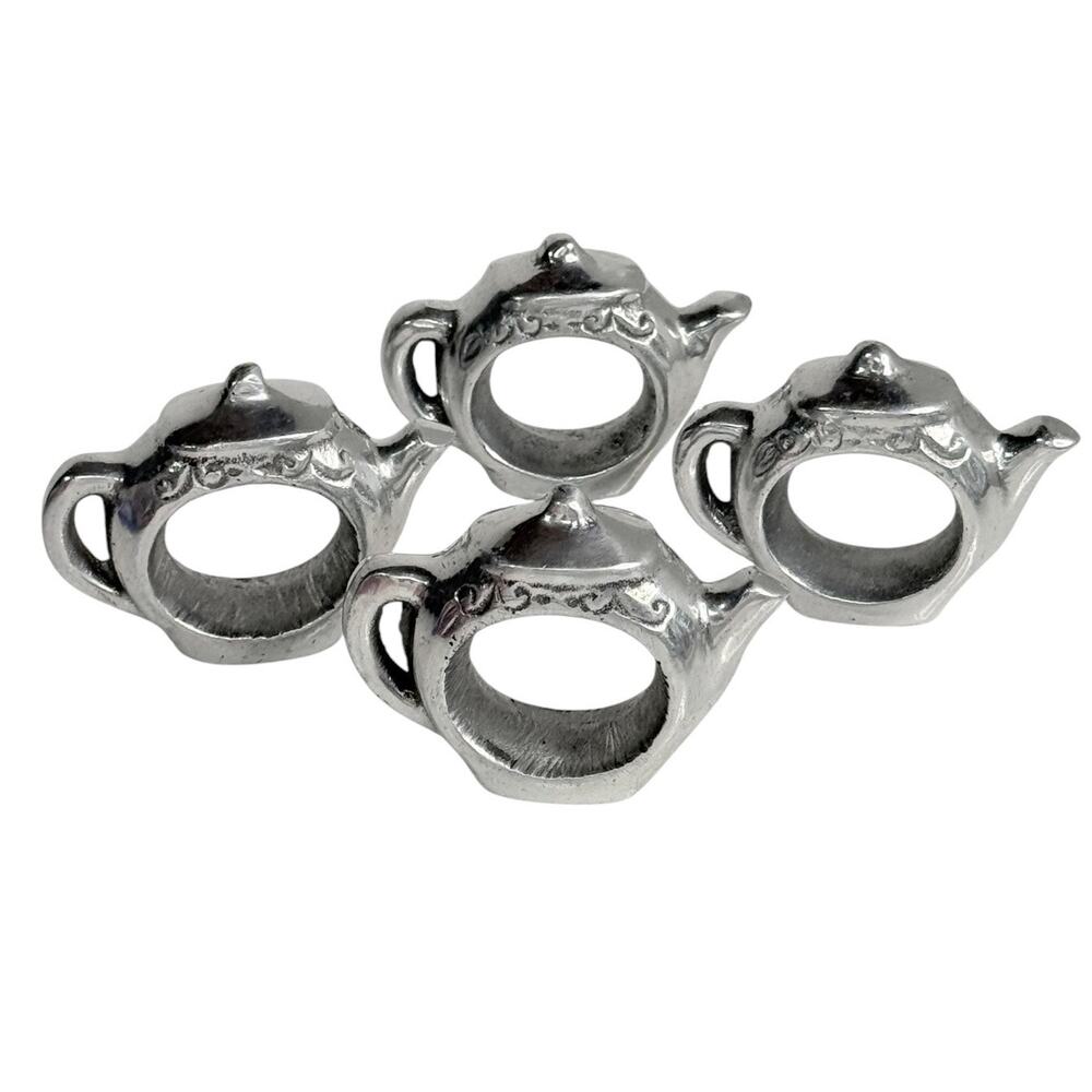 Pewter Teapot Napkin Rings Set 4 Made India 3.5" Solid Metal Silver Table Decor